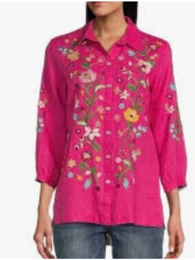 John Mark plus 1X pink embroidered boho blouse top button up shirt  new linen